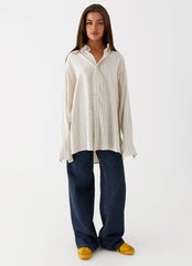 Womens Lockie Oversized Linen Shirt in the colour Oat Pinstripe in front of a light grey background