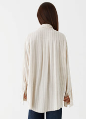 Womens Lockie Oversized Linen Shirt in the colour Oat Pinstripe in front of a light grey background