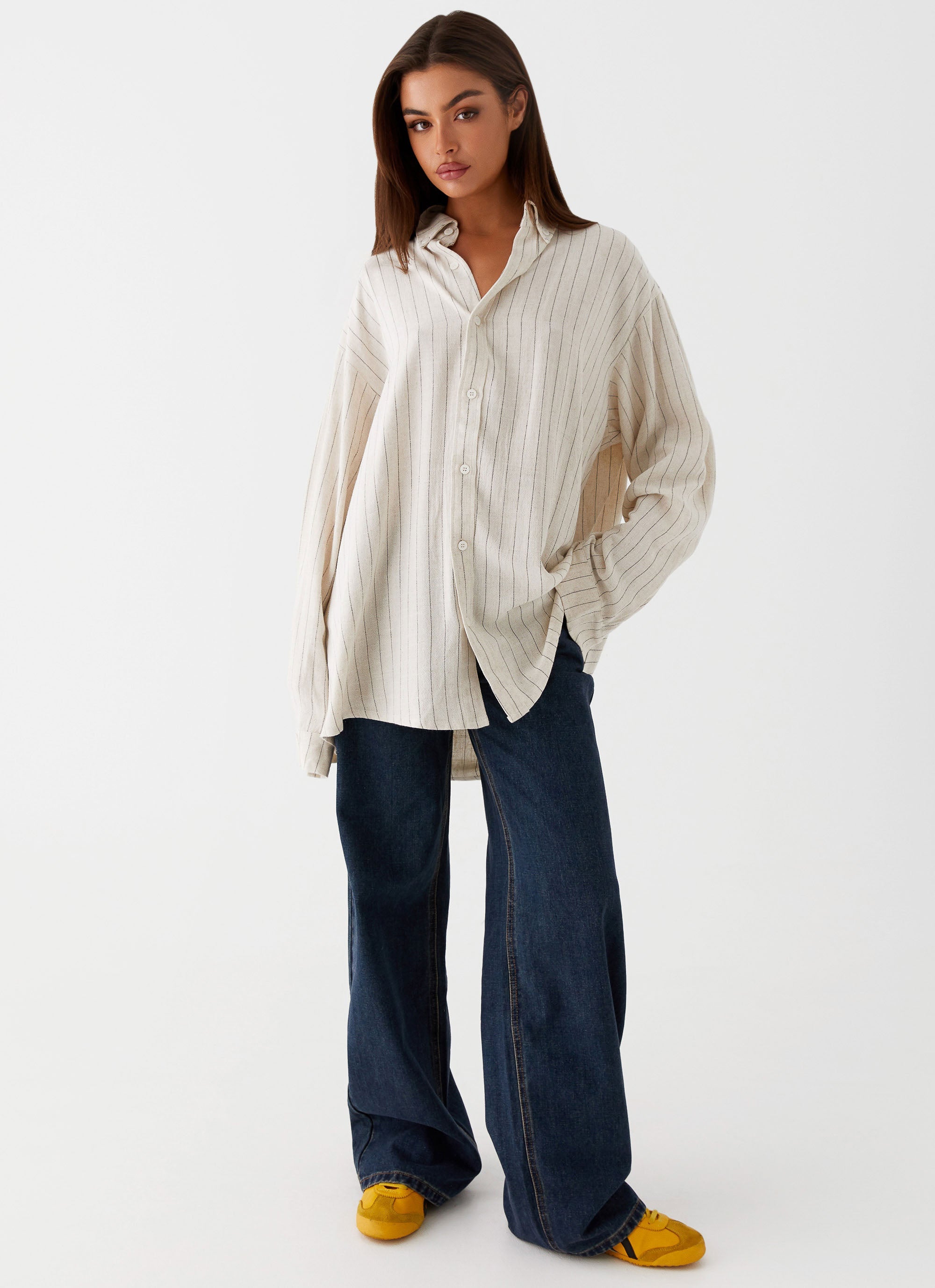 Womens Lockie Oversized Linen Shirt in the colour Oat Pinstripe in front of a light grey background