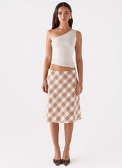 Womens Andie Midi Skirt in the colour Brown/White Plaid in front of a light grey background