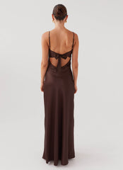 Womens Flora Satin Maxi Dress in the colour Chocolate in front of a light grey background