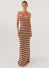 Womens Off The Record Knit Maxi Dress in the colour Cinnamon Stripe in front of a light grey background