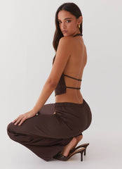 Womens Bree Satin Halterneck Top in the colour Brown in front of a light grey background