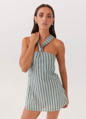 Womens Keira Linen Mini Dress in the colour Coastal Stripe in front of a light grey background