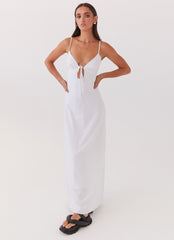 Womens Flora Linen Maxi Dress in the colour White in front of a light grey background