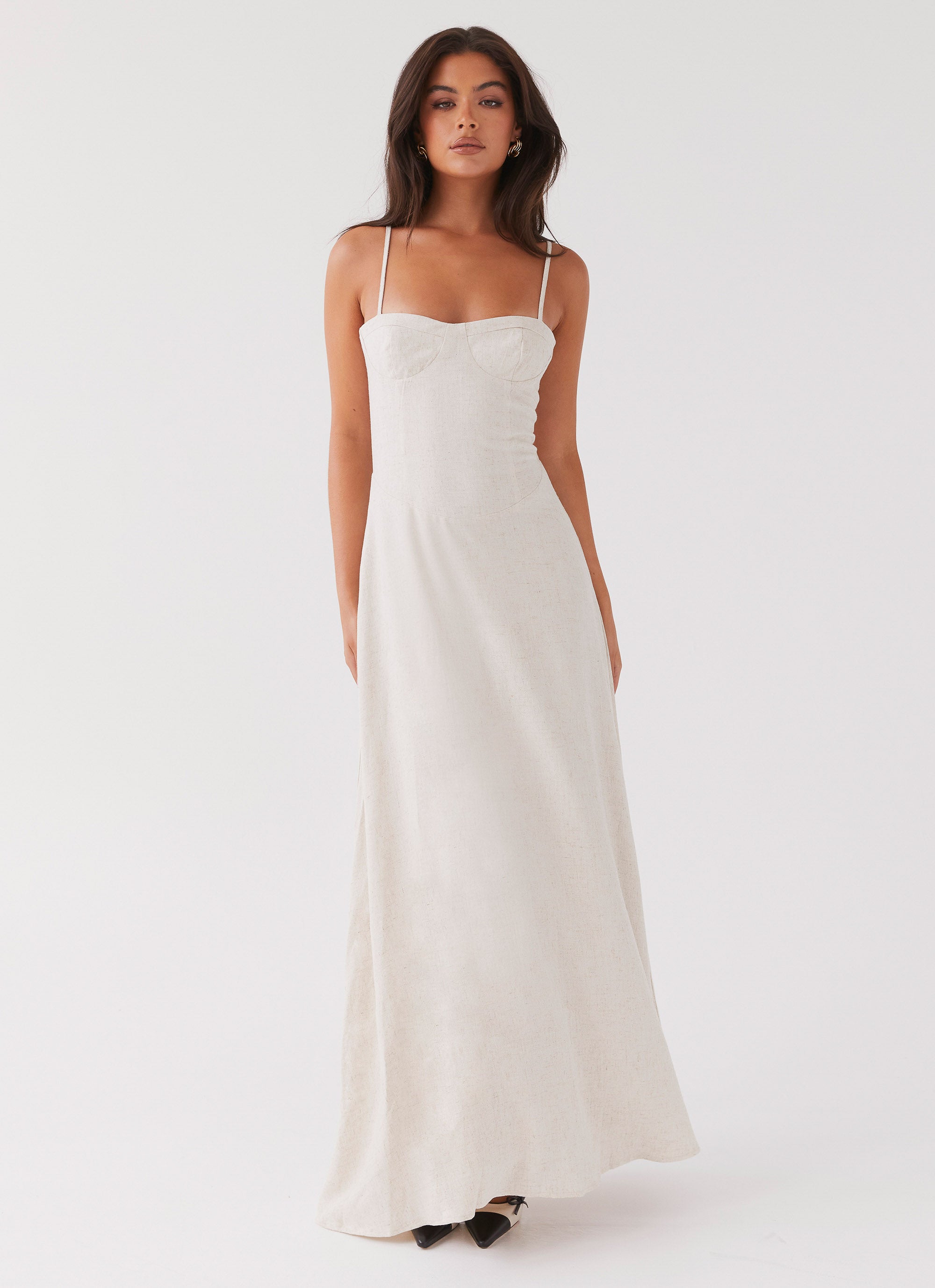 Womens Angelina Linen Maxi Dress in the colour Oatmeal in front of a light grey background