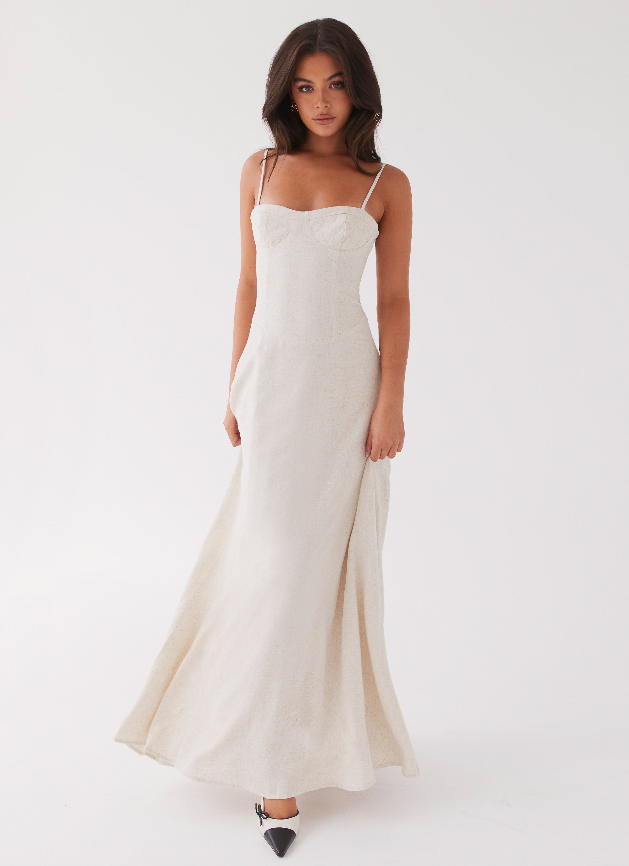 Womens Angelina Linen Maxi Dress in the colour Oatmeal in front of a light grey background