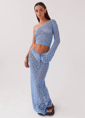 Womens Merliah Crochet Maxi Skirt in the colour Blue in front of a light grey background