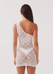 Womens Linera Crochet Mini Dress in the colour White in front of a light grey background