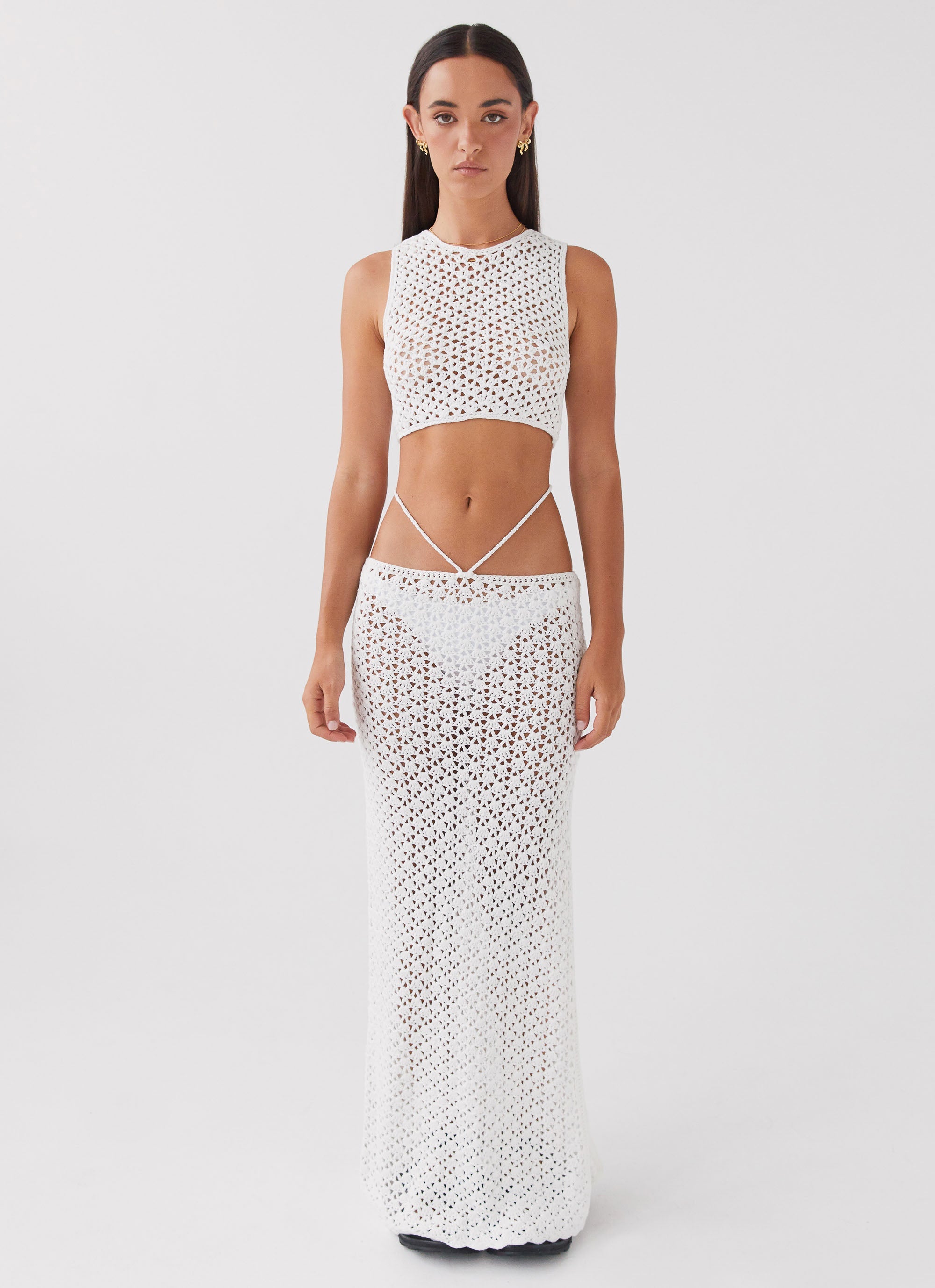 Womens Mabel Bay Crochet Tank Top in the colour White in front of a light grey background