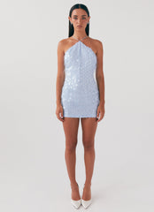 Womens Glitz And Glamour Halterneck Mini Dress in the colour Lavender Mist in front of a light grey background