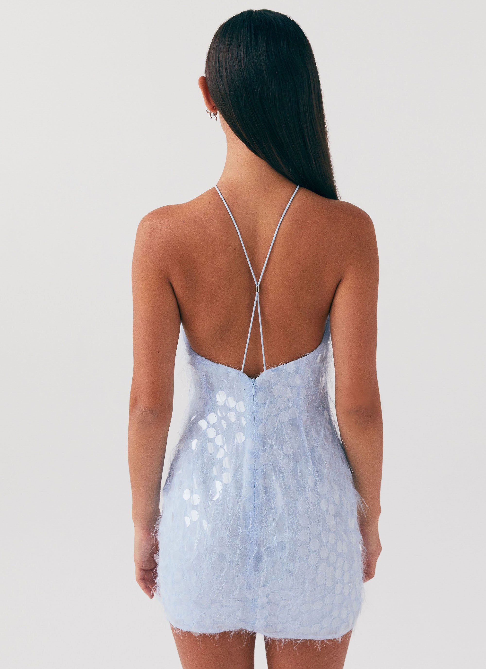 Womens Glitz And Glamour Halterneck Mini Dress in the colour Lavender Mist in front of a light grey background