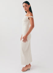 Womens Arabella Twist Shoulder Maxi Dress in the colour Beige in front of a light grey background