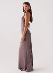 Womens Wynn Satin Maxi Dress in the colour Chocolate in front of a light grey background