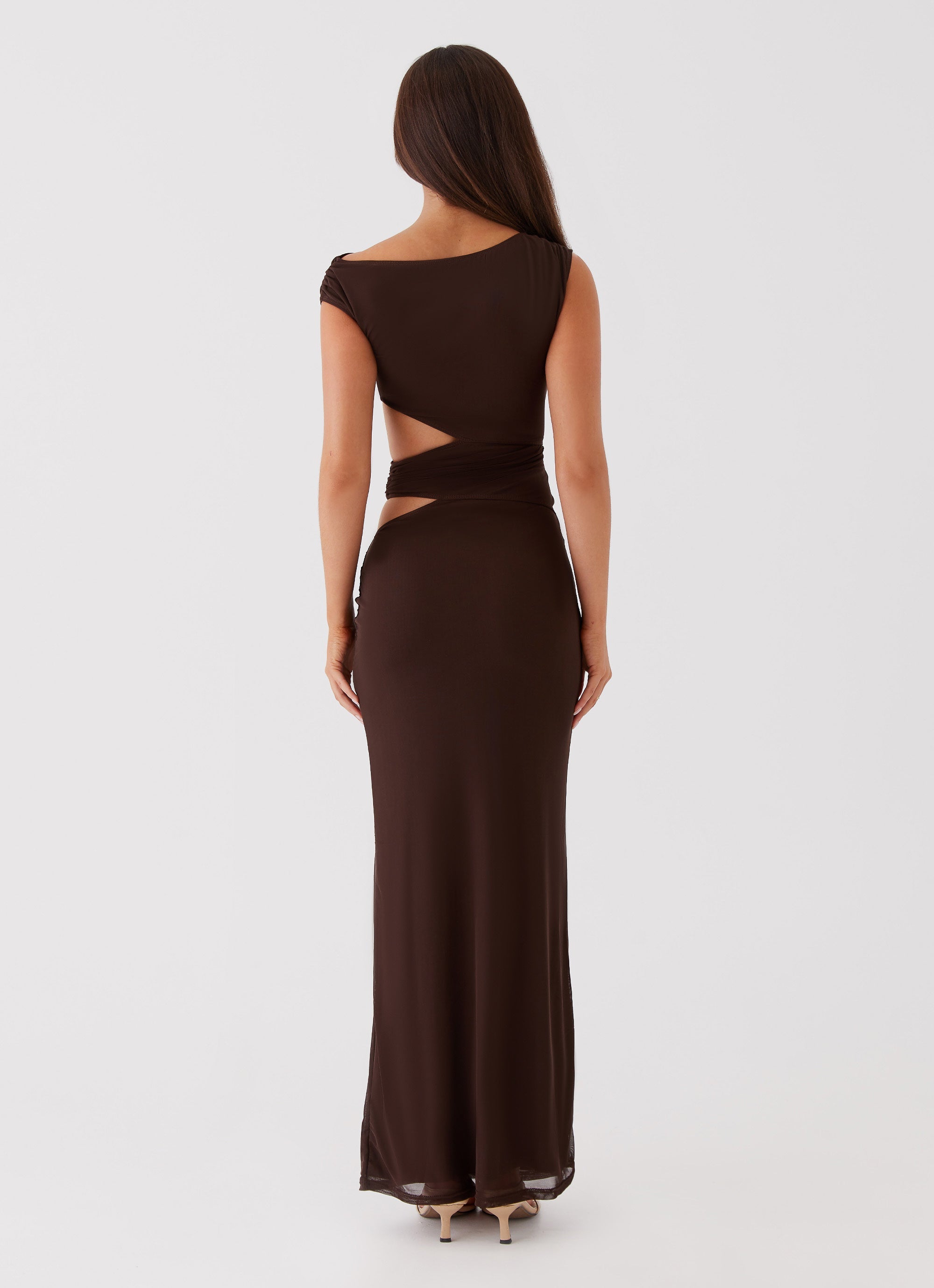 Womens Margot One Shoulder Maxi Dress in the colour Chocolate in front of a light grey background