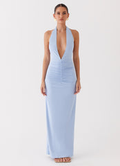 Womens Whisked Away Halterneck Maxi Dress in the colour Blue in front of a light grey background