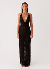 Womens Champagne Coastline Maxi Dress in the colour Black in front of a light grey background