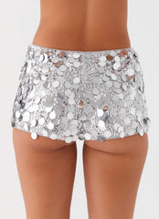 Womens Try Me Sequin Mini Shorts in the colour Silver in front of a light grey background