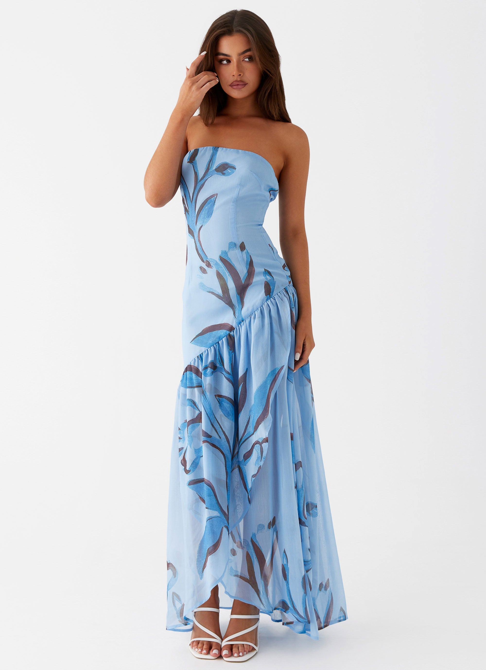 Womens Solaris Strapless Maxi Dress in the colour Blue Floral in front of a light grey background