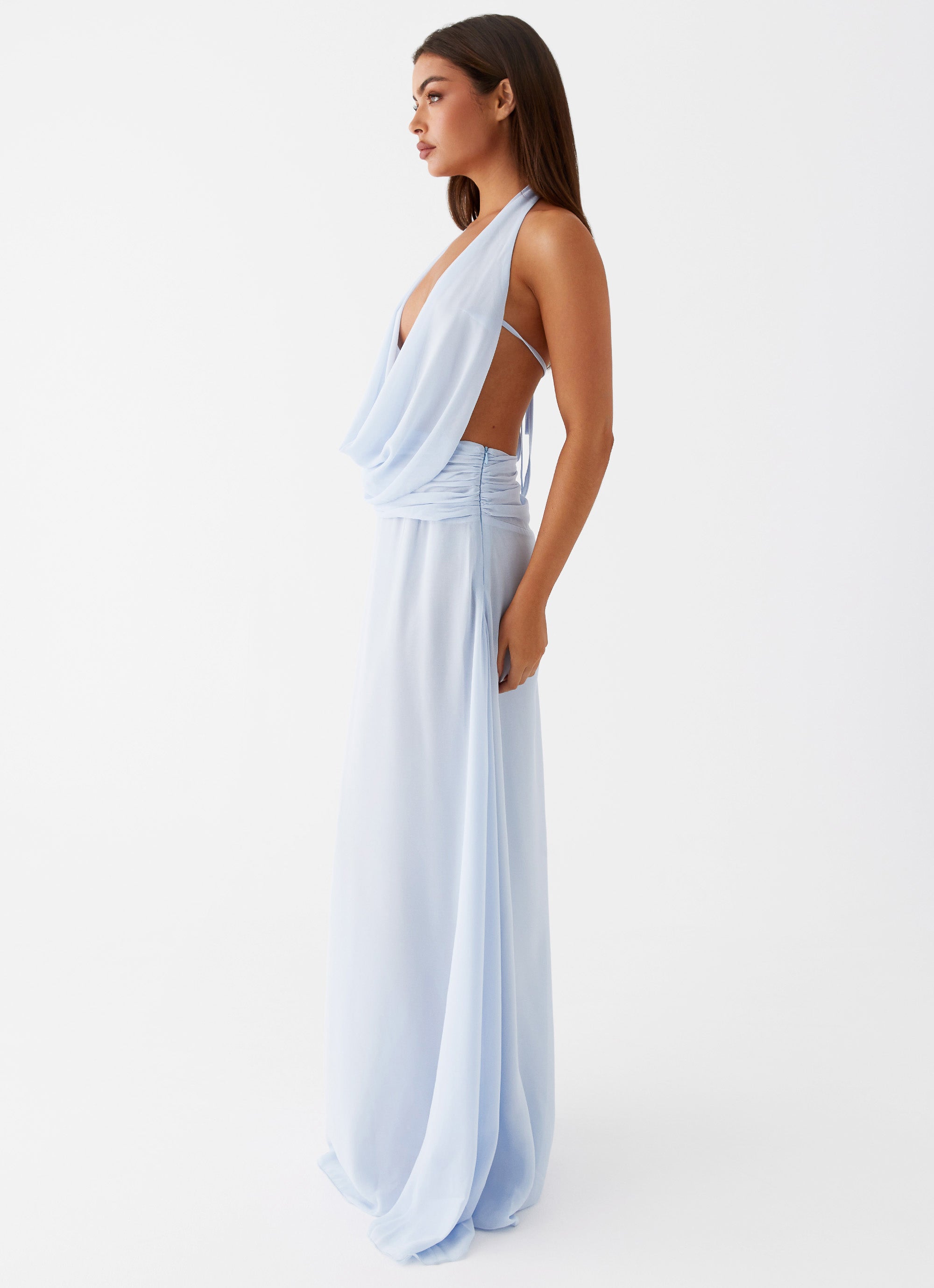 Womens Elysia Chiffon Maxi Dress in the colour Baby Blue in front of a light grey background