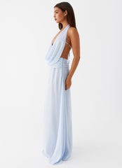 Womens Elysia Chiffon Maxi Dress in the colour Baby Blue in front of a light grey background