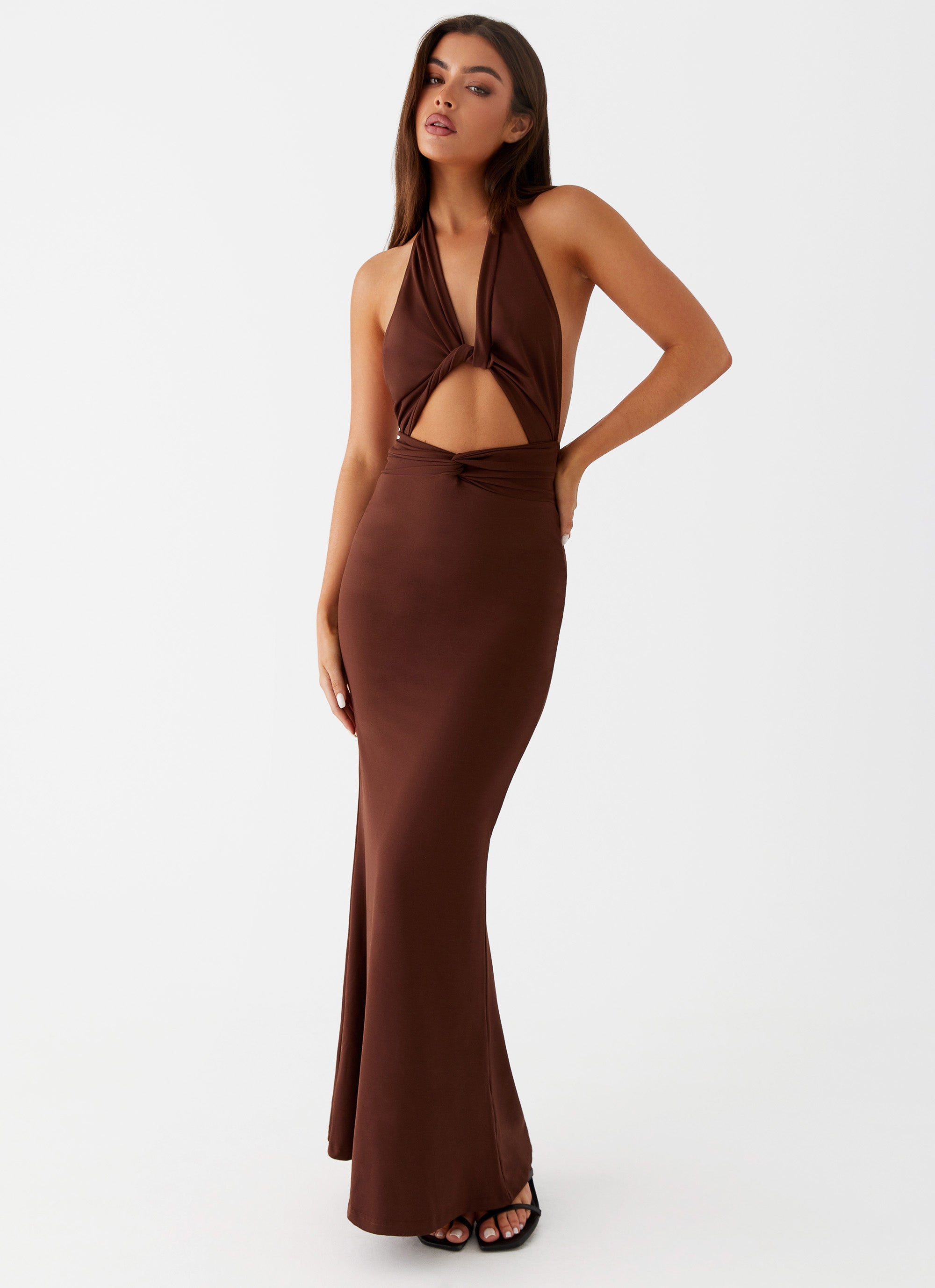 Womens Carolina Twist Maxi Dress in the colour Chocolate in front of a light grey background