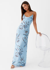 Womens Felicia Daisy Maxi Dress in the colour Blue Floral in front of a light grey background