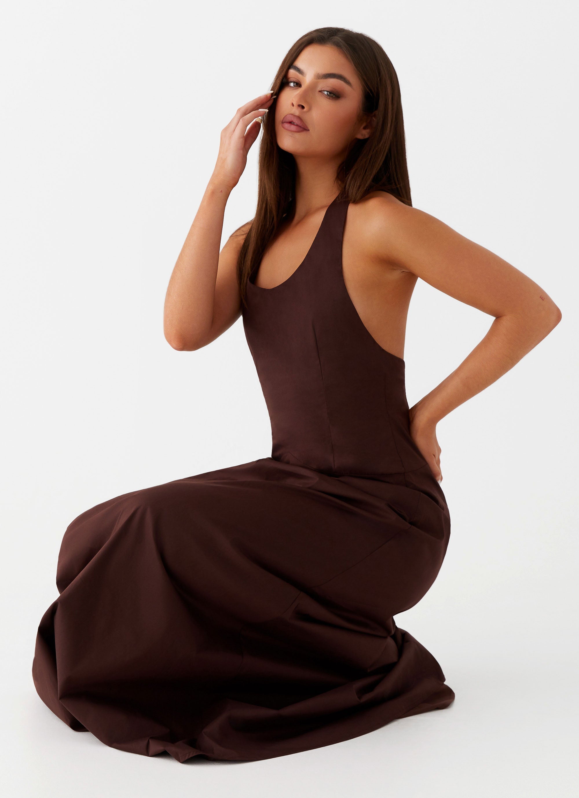 Womens Vestige Maxi Dress in the colour Chocolate in front of a light grey background