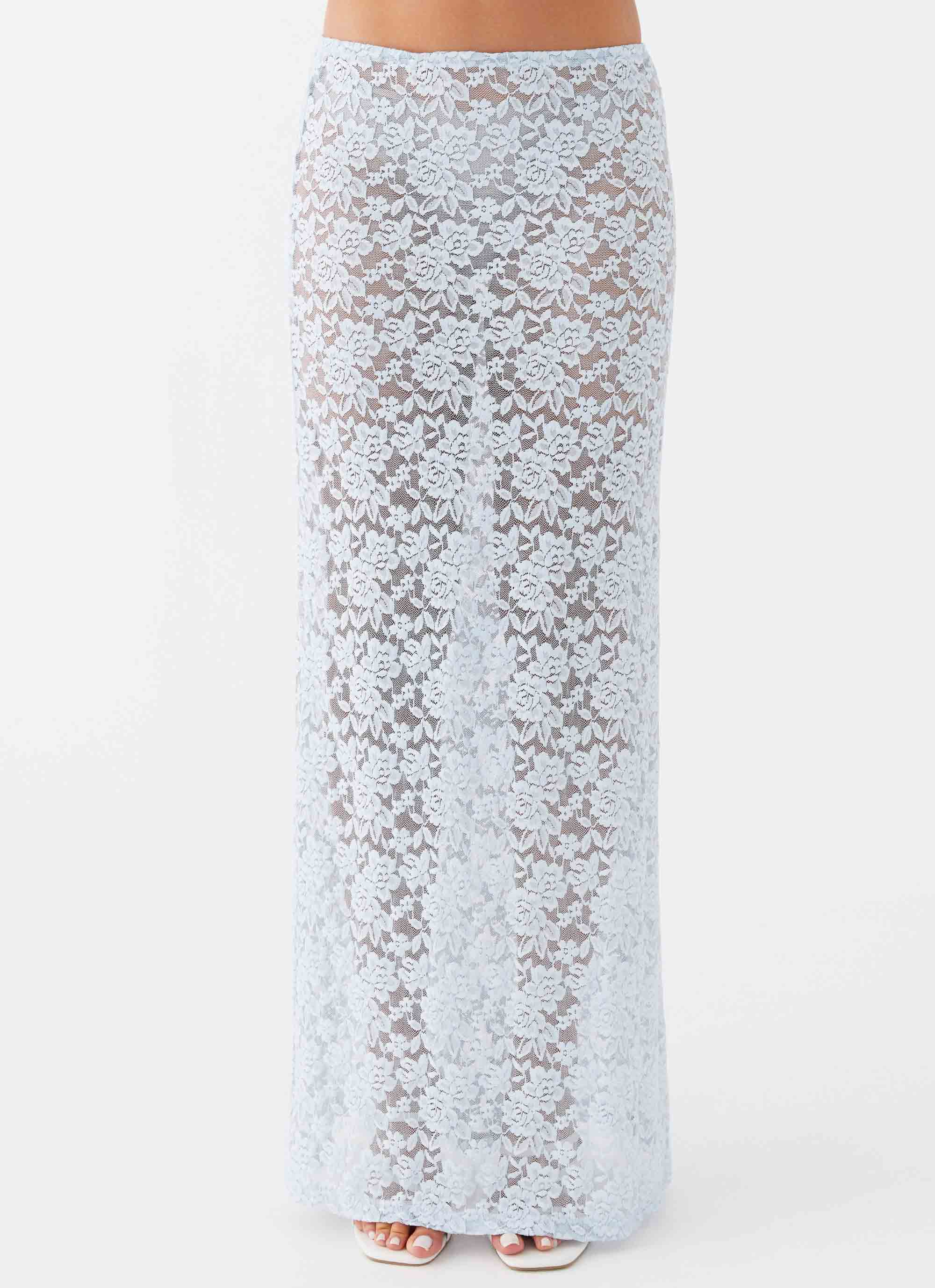 Womens Zephyra Lace Maxi Skirt in the colour Blue Cloud in front of a light grey background