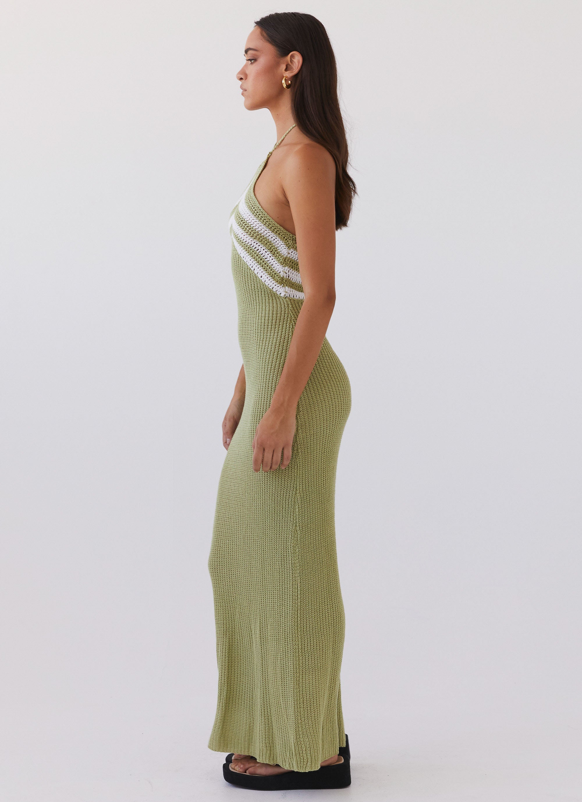 Womens Masterpiece Knit Maxi Dress in the colour Forest in front of a light grey background