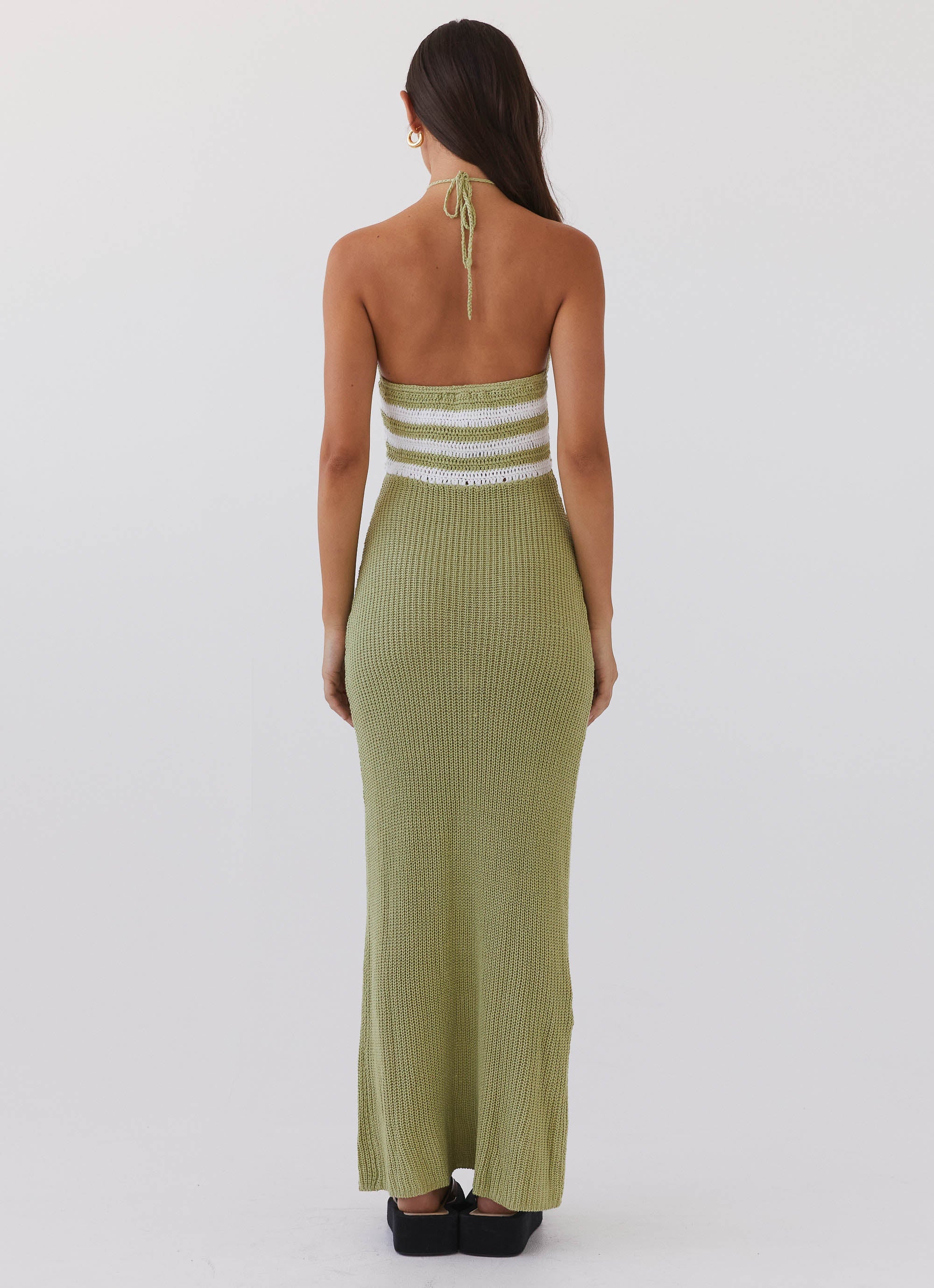 Womens Masterpiece Knit Maxi Dress in the colour Forest in front of a light grey background