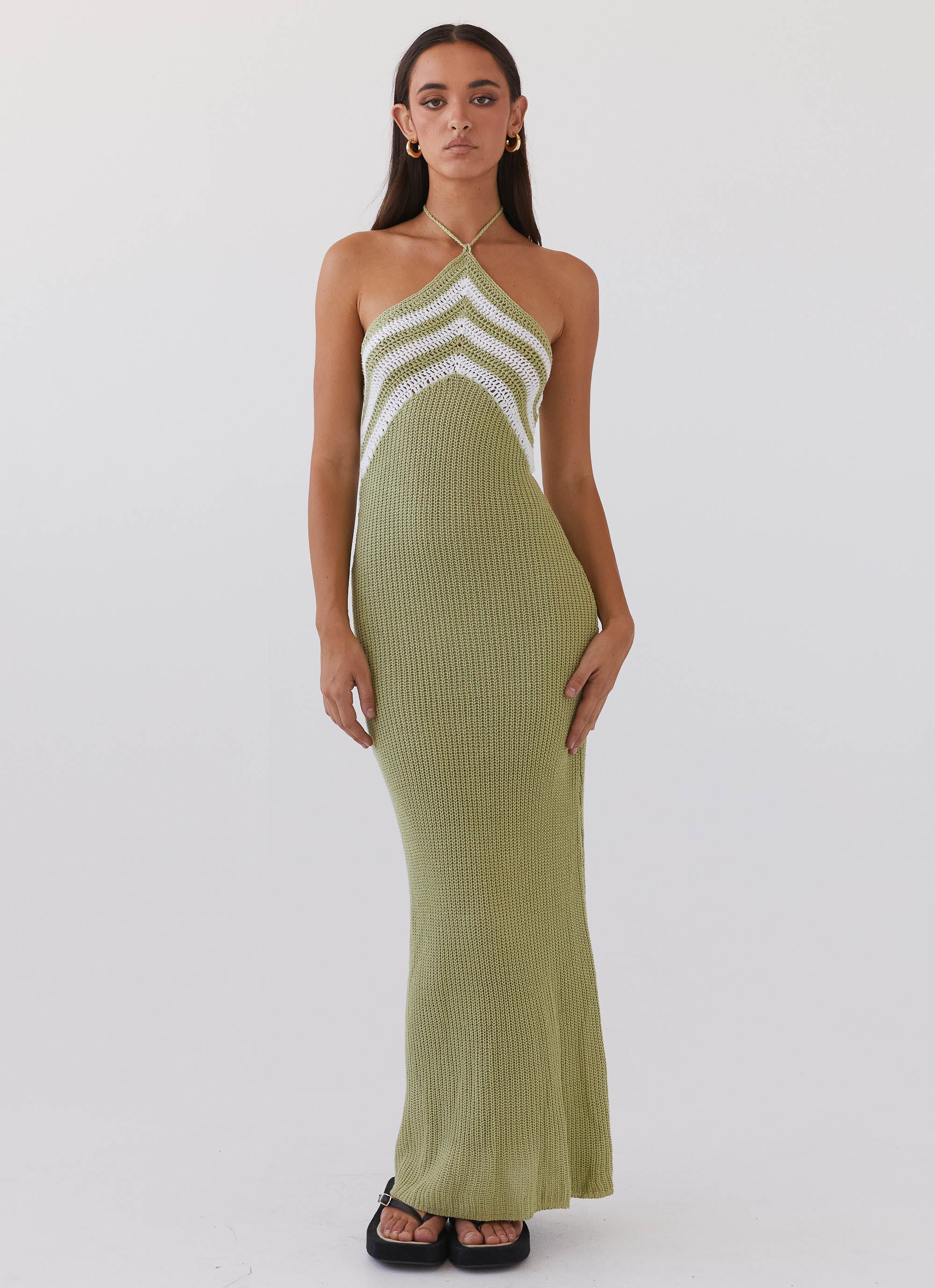 Womens Masterpiece Knit Maxi Dress in the colour Forest in front of a light grey background
