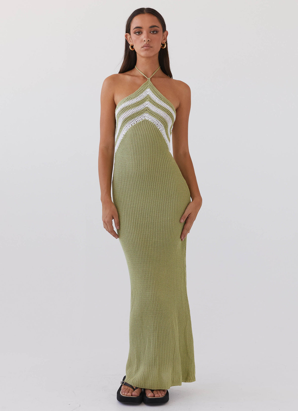 Womens Masterpiece Knit Maxi Dress in the colour Forest in front of a light grey background