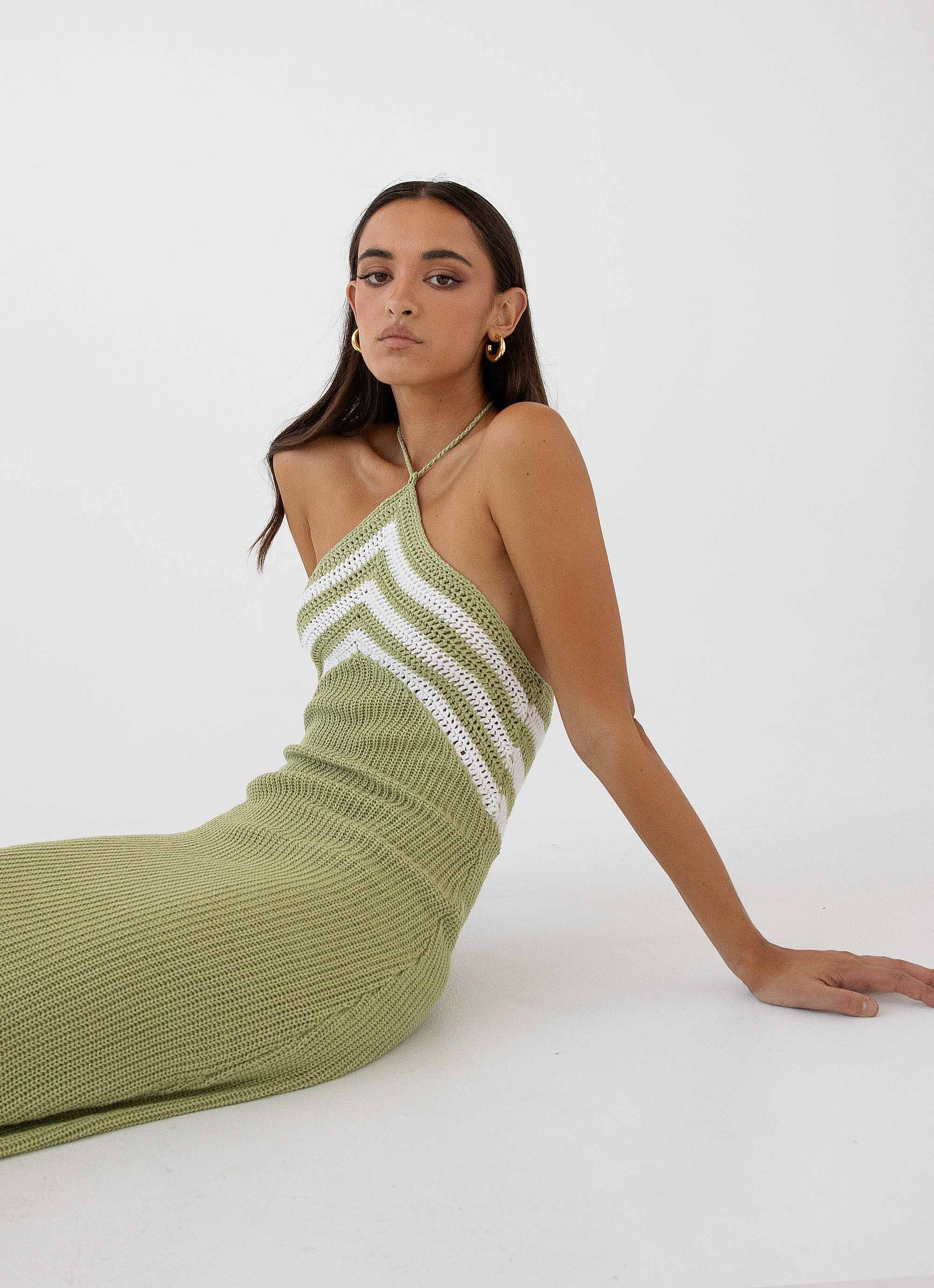 Womens Masterpiece Knit Maxi Dress in the colour Forest in front of a light grey background