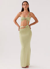 Womens Sycamore Twist Maxi Dress in the colour Fern in front of a light grey background