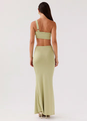 Womens Sycamore Twist Maxi Dress in the colour Fern in front of a light grey background