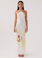Womens Blossom Hearts Maxi Dress in the colour Hydrangea in front of a light grey background