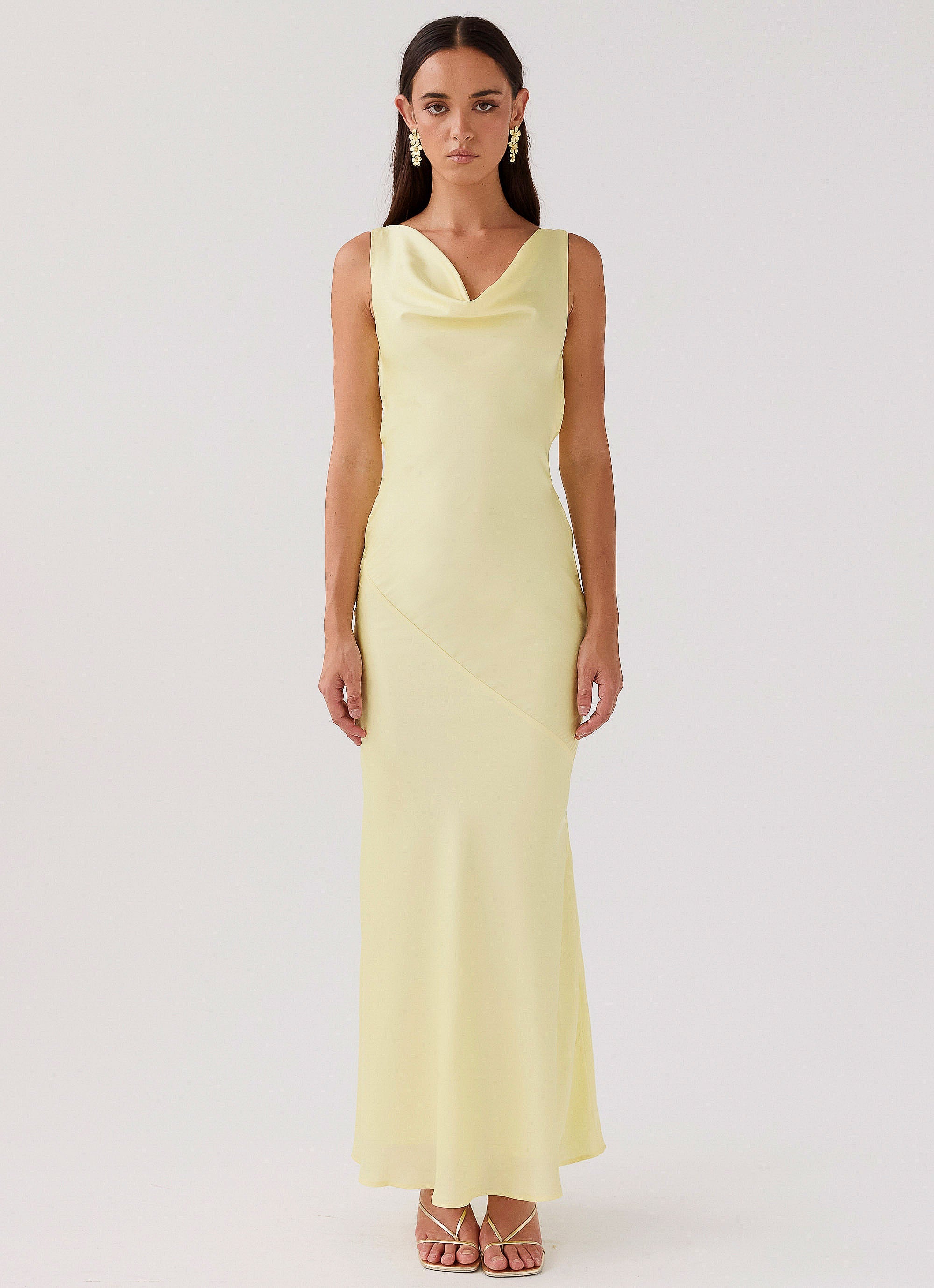 Womens Be Mine Satin Maxi Dress in the colour Canary in front of a light grey background