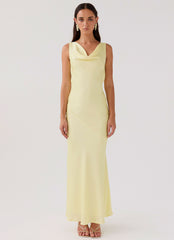 Womens Be Mine Satin Maxi Dress in the colour Canary in front of a light grey background