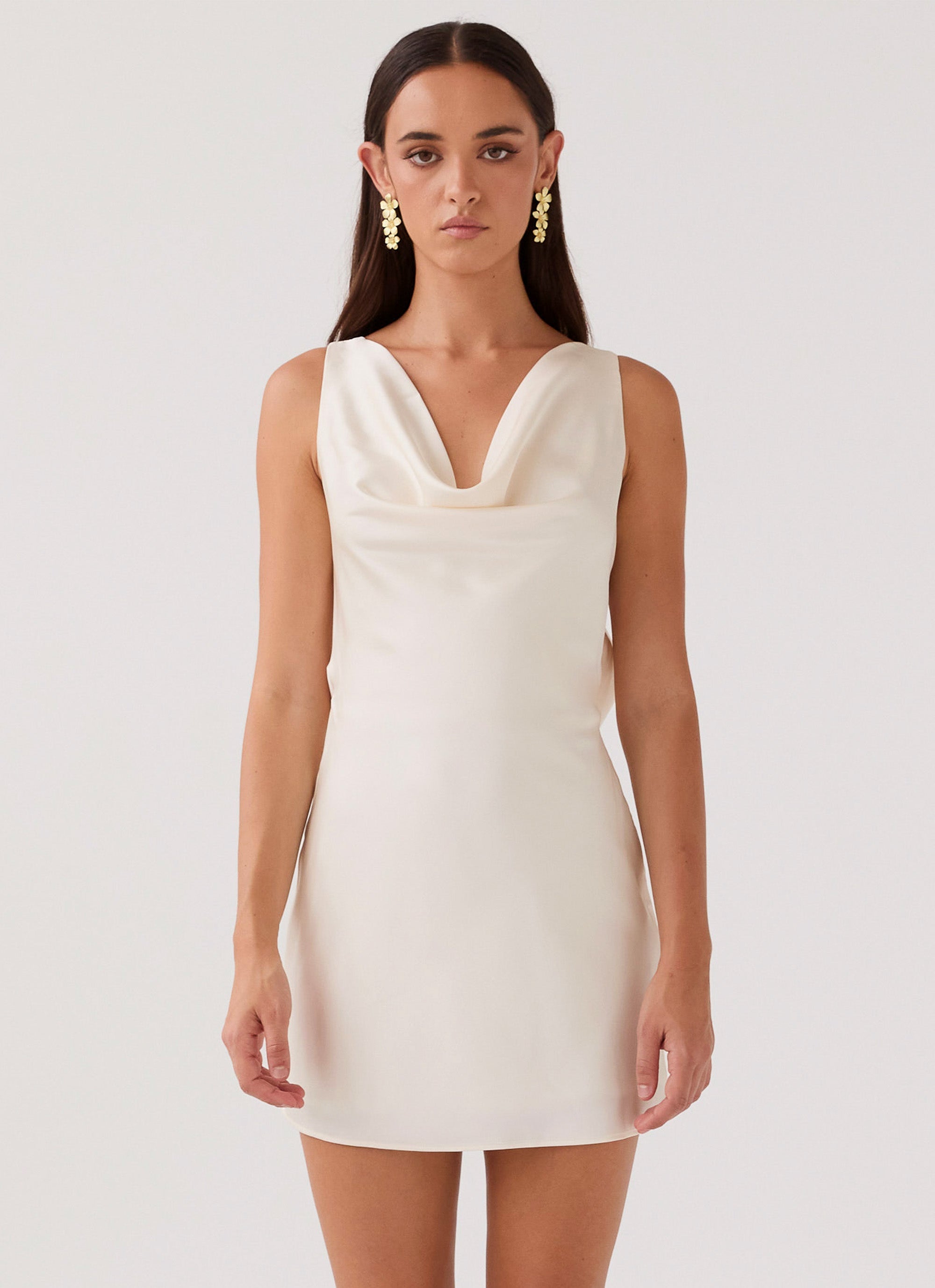 Womens Be Mine Satin Mini Dress in the colour Ivory in front of a light grey background