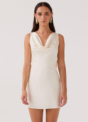 Womens Be Mine Satin Mini Dress in the colour Ivory in front of a light grey background