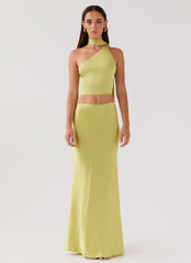 Womens Josefina Satin Maxi Skirt in the colour Chartreuse in front of a light grey background