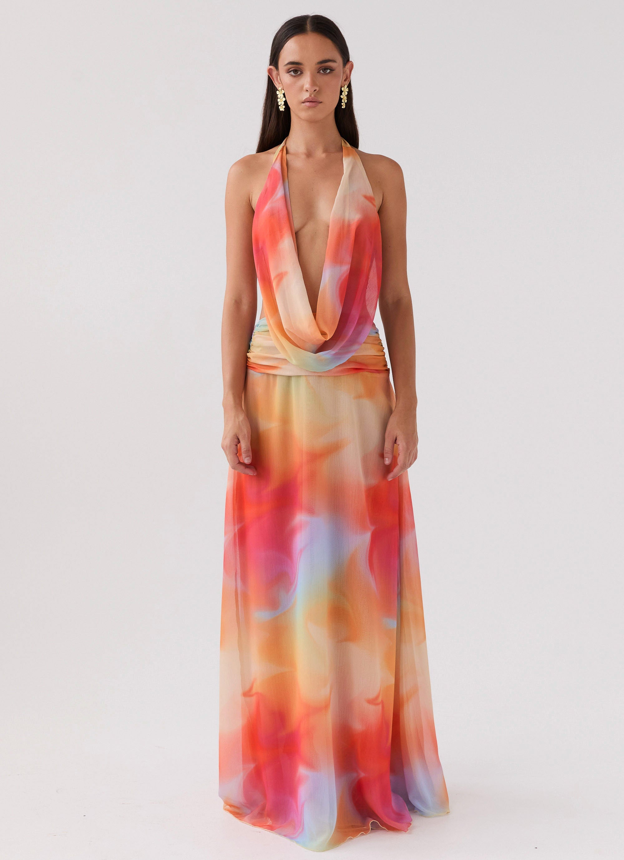 Womens Elysia Chiffon Maxi Dress in the colour Rainbow in front of a light grey background