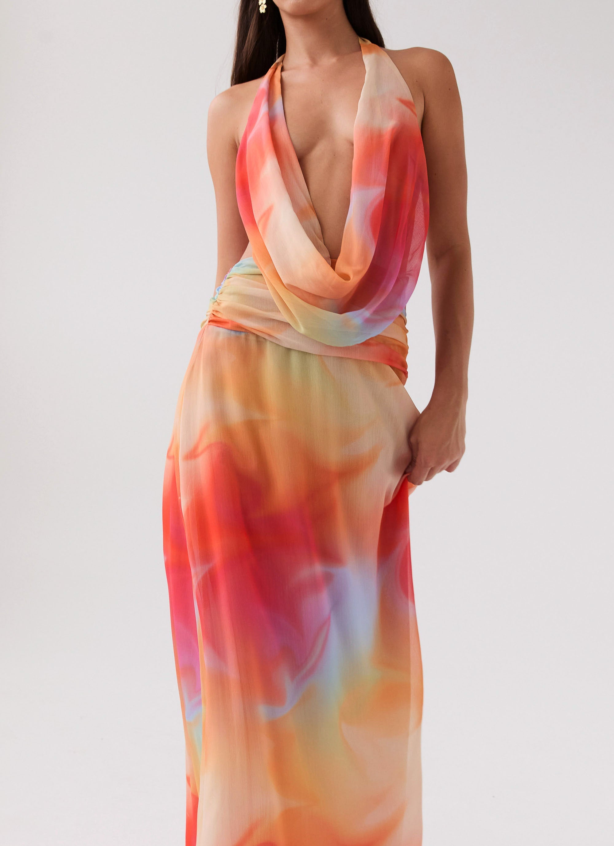 Womens Elysia Chiffon Maxi Dress in the colour Rainbow in front of a light grey background