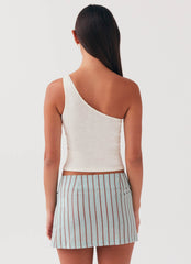 Womens Summer Retreat Mini Skirt in the colour Coastal Stripe in front of a light grey background