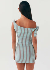 Womens Amazonia Linen Mini Dress in the colour Coastal Stripe in front of a light grey background