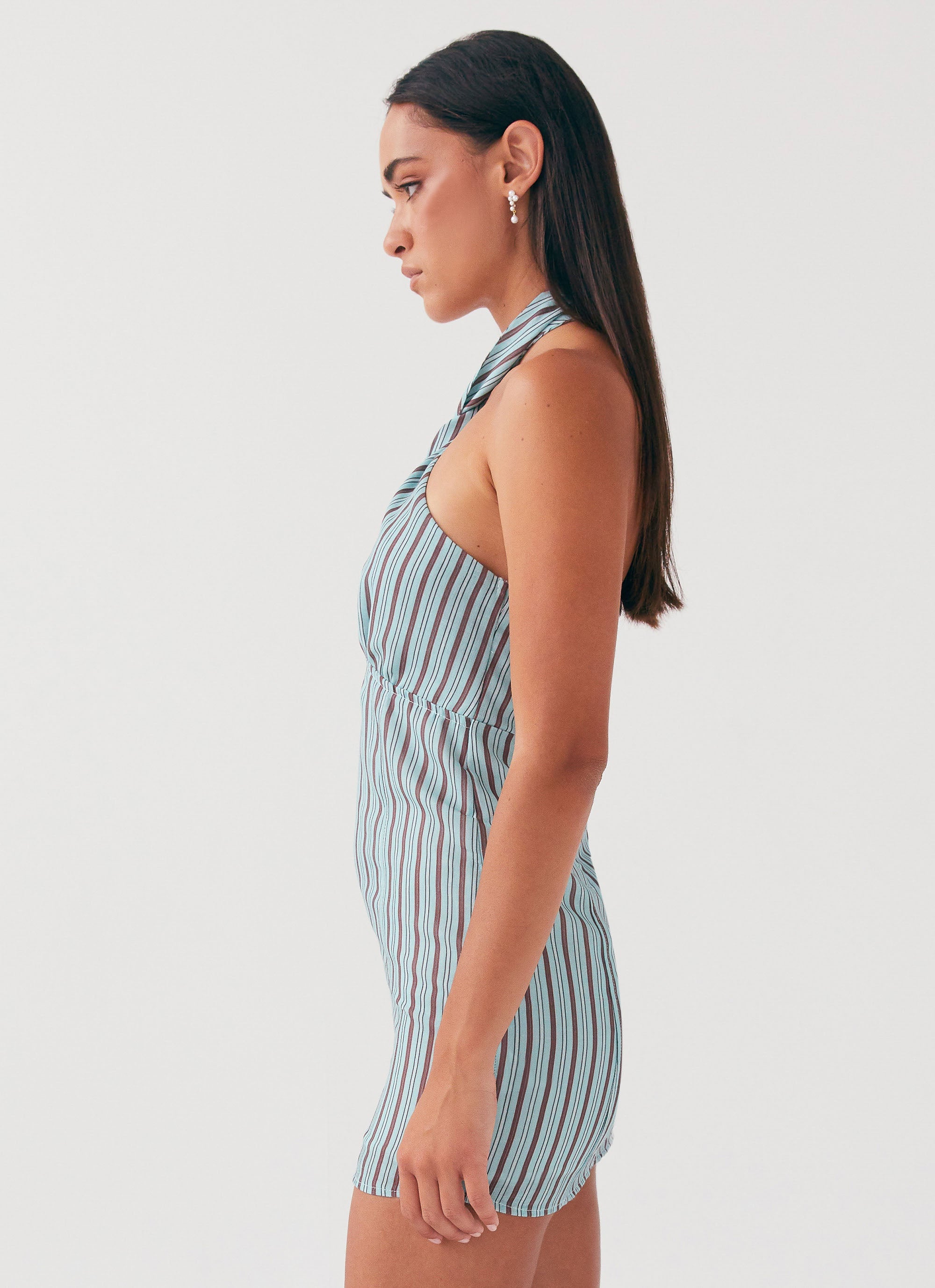 Womens Sabine Linen Mini Dress in the colour Coastal Stripe in front of a light grey background