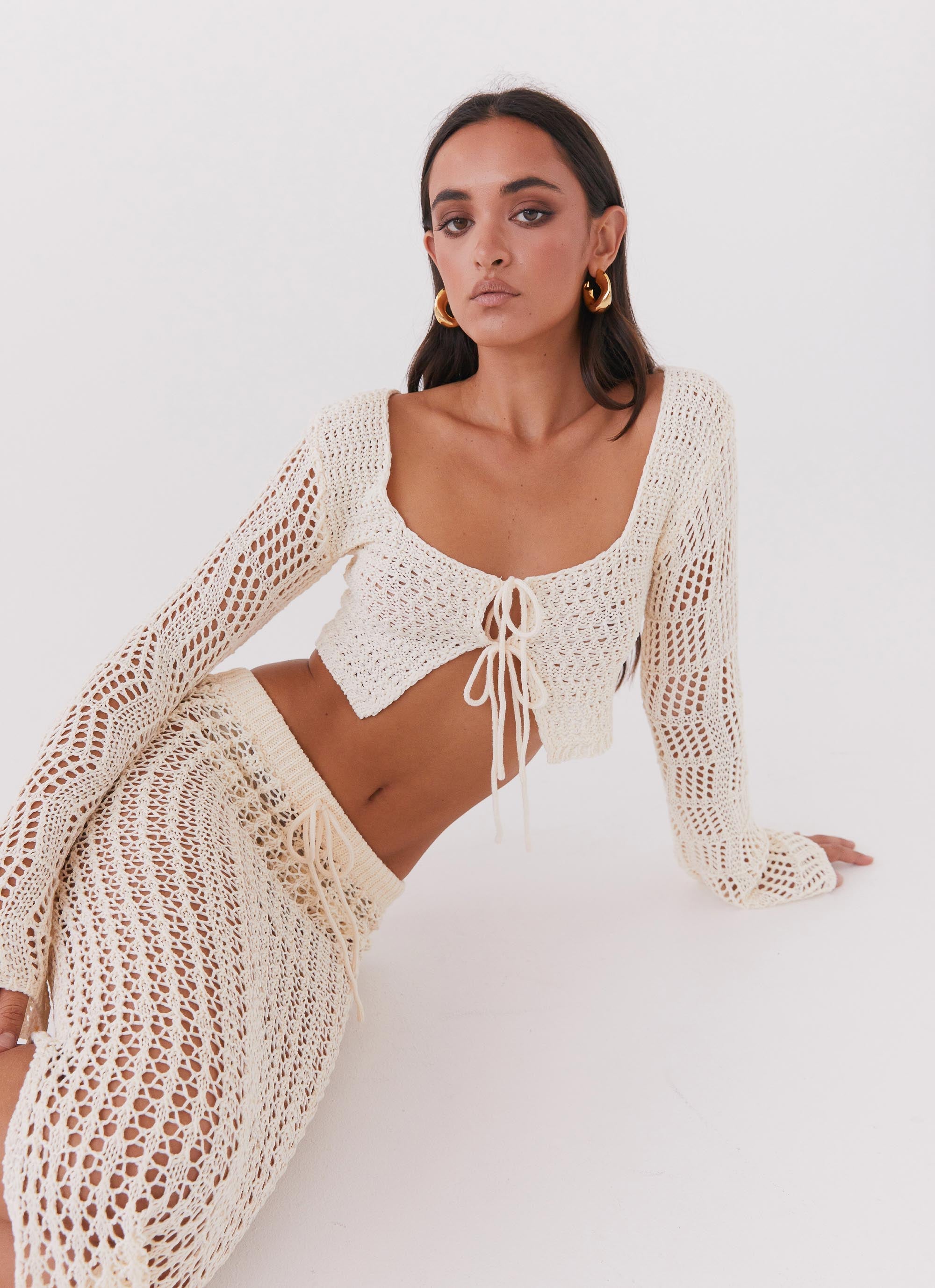 Womens Rosalina Crochet Long Sleeve Top in the colour Natural in front of a light grey background