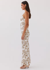 Womens Lara Satin Maxi Dress in the colour Hazel Bloom in front of a light grey background
