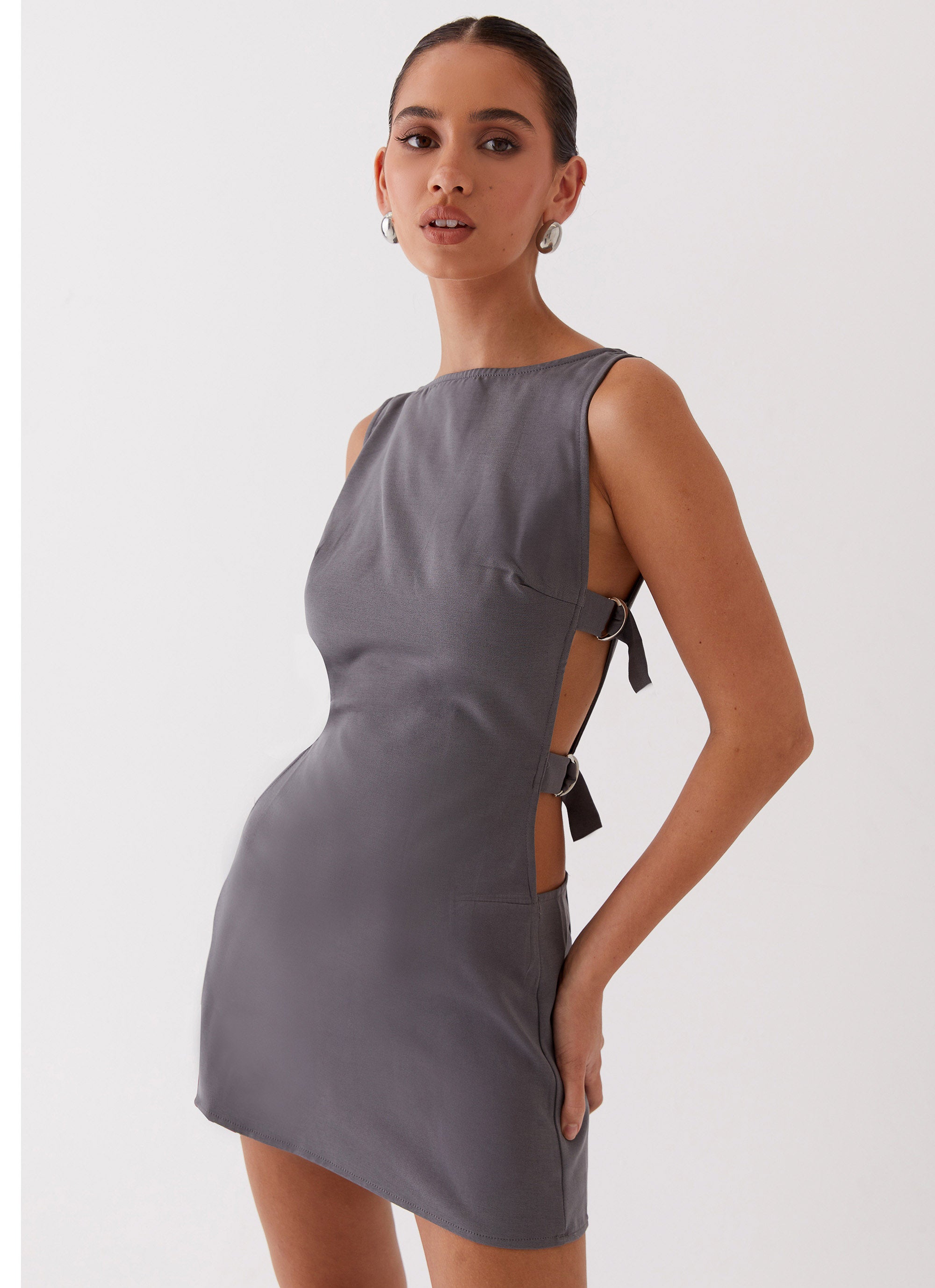 Womens Cherish You Buckle Mini Dress in the colour Charcoal in front of a light grey background